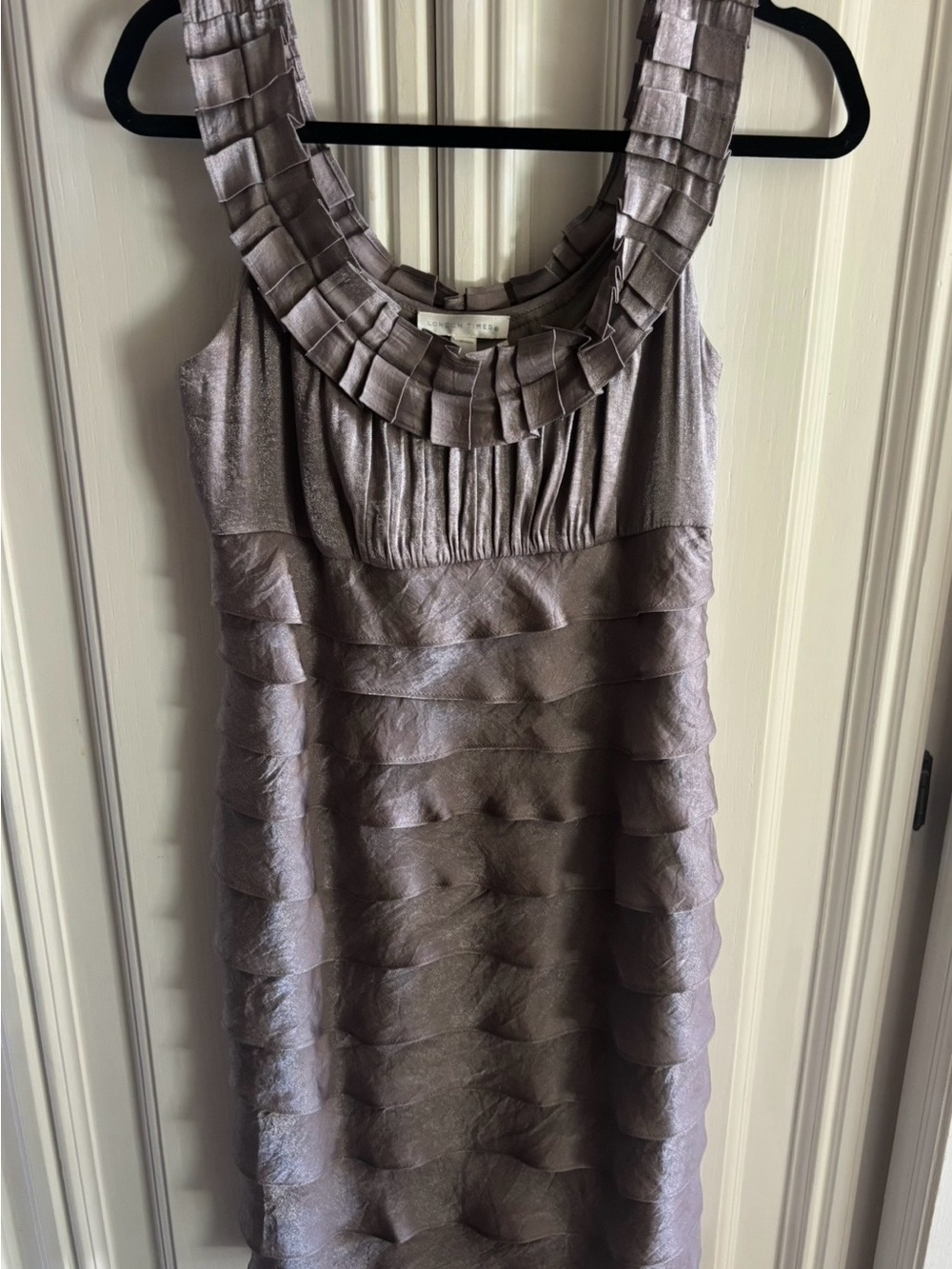 London Times Shimmering Silver Mini Dress with Pleated Scoop